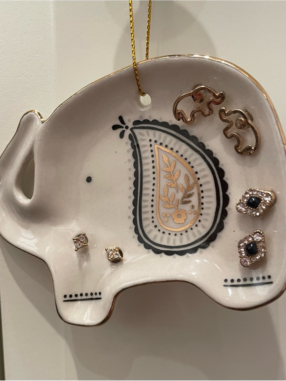 Elephant Trinket Dish with Gold Paisley Accent Holding 3 Pairs of Earrings NWT
